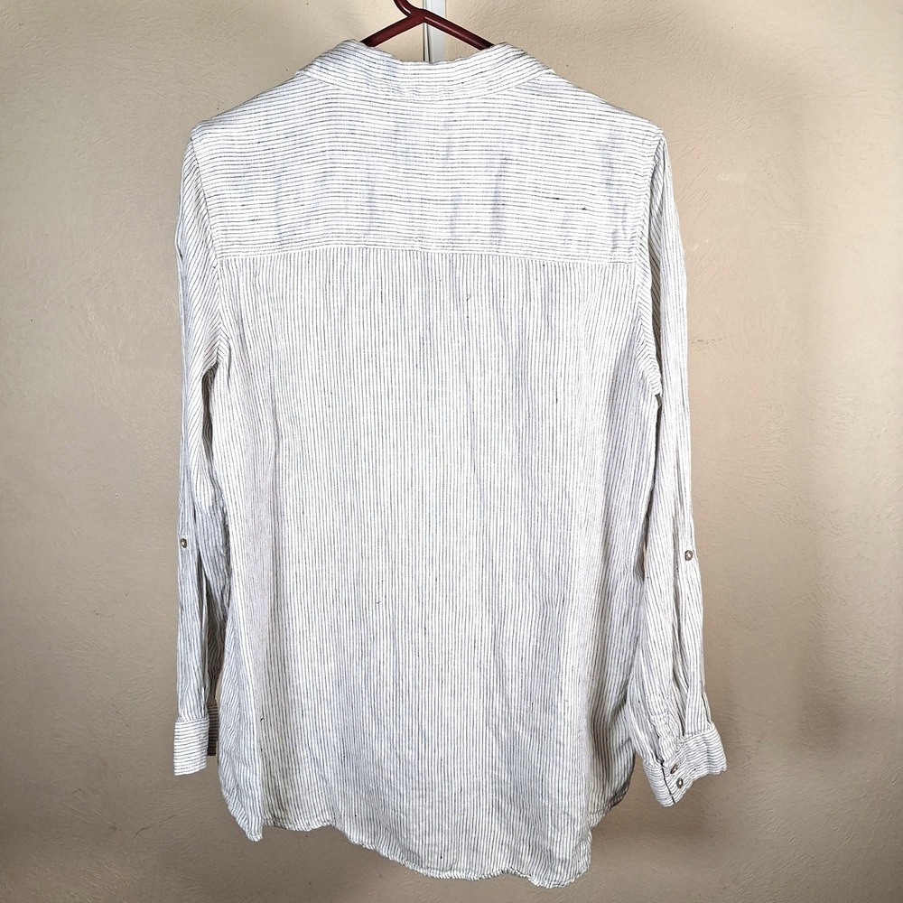 Tahari 100% Linen Striped Oversized Slouchy Button Front Boho Granola Preppy Top - Picture 6 of 8